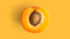 Half apricot with seed on orange background.