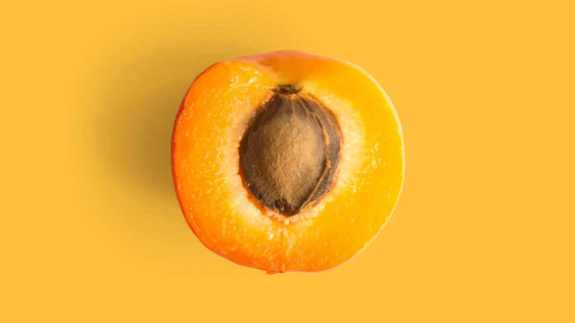 Half apricot with seed on orange background.