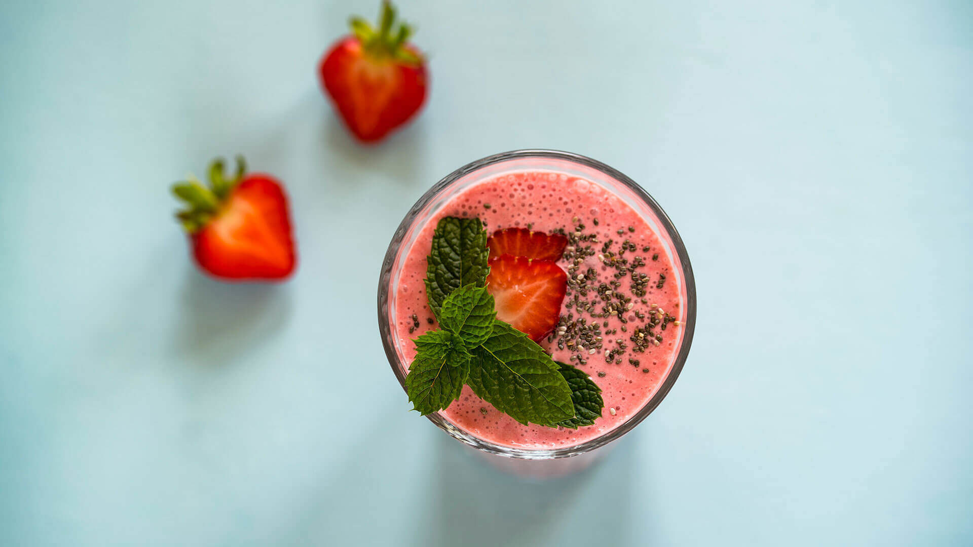Strawberry smoothie with mint and chia seeds.