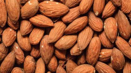 Brown almonds in close-up view.