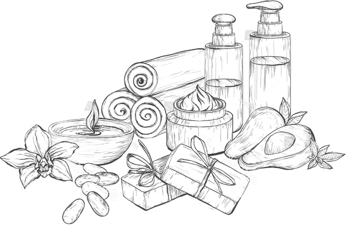 Spa products and accessories in sketch style.