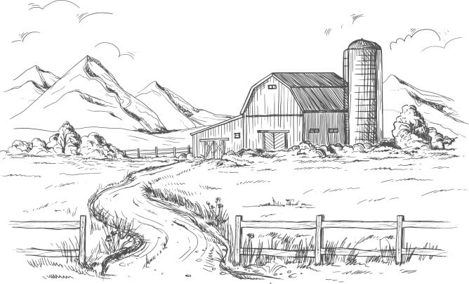 Farm landscape with barn and mountains illustration.