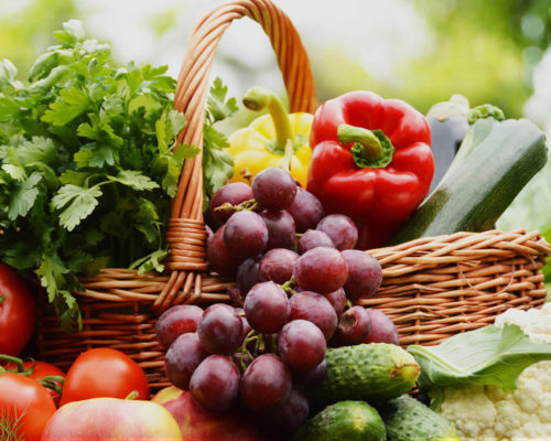 Basket of fresh fruits and vegetables.