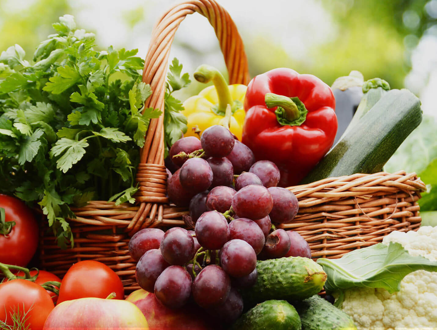 Basket of fresh fruits and vegetables.